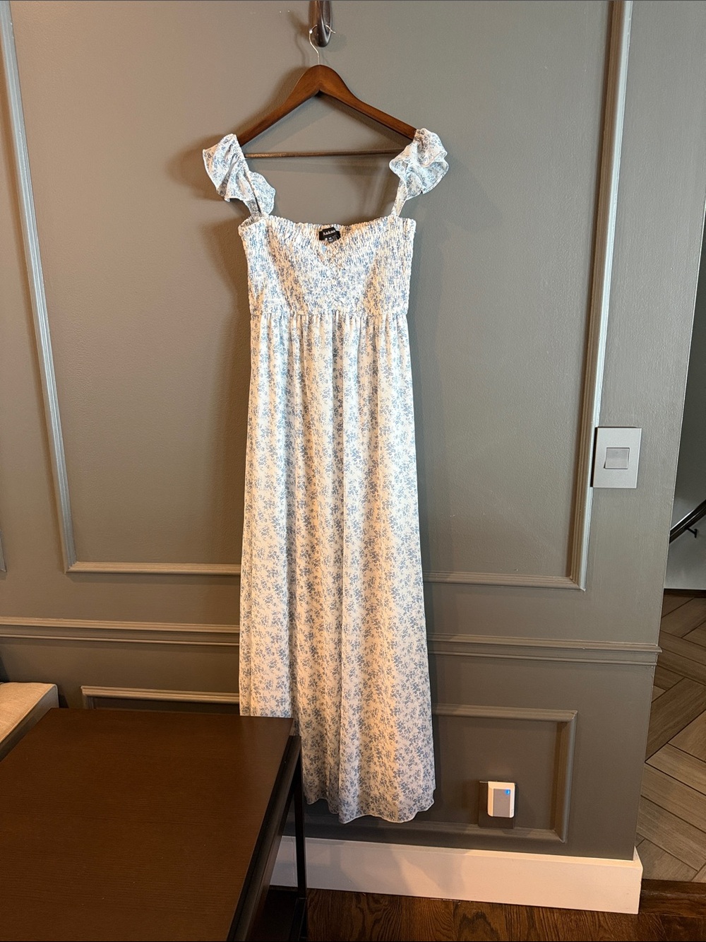 Aakaa White Maxi Dress with Light Blue Floral Print
